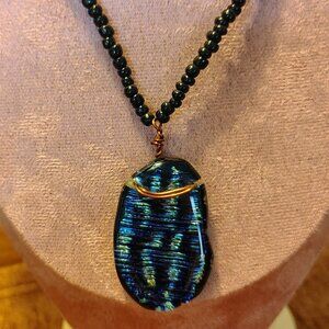Signed DW Copper Blue Green Black Dichroic Glass Pendant Statement Necklace